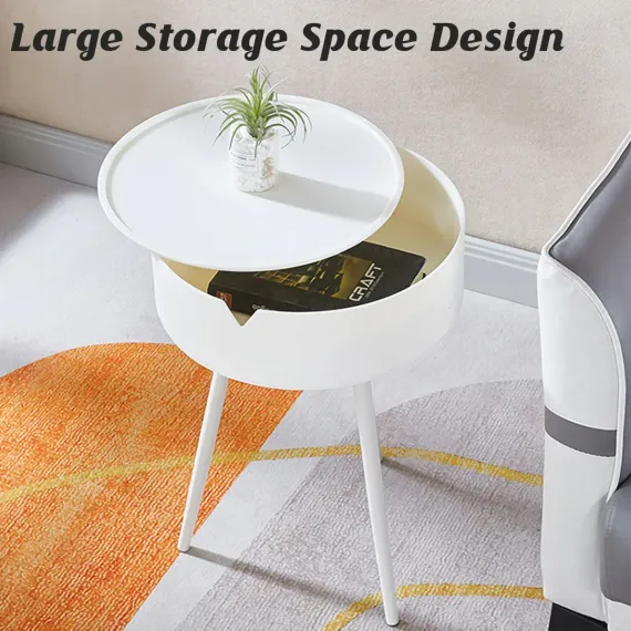 Modern Round Bedside Table with Storage White Small Coffee Side Table 40cm