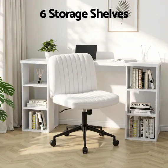 Artiss Office Desk & Chair Set 150cm Computer Desk with 6 Storage Shelves & Ergonomic Cross Legged Chair Armless Cross PU Leather Office Chair with Wheels
