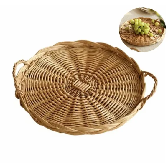 1 Pc Round Wicker Tray,Decorative Tray for Ottomans,Hand-Woven Platter for Snacks,Binaural Portable Tray,Bread Snack Fruit Tray