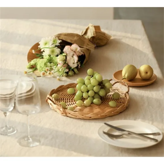 1 Pc Round Wicker Tray,Decorative Tray for Ottomans,Hand-Woven Platter for Snacks,Binaural Portable Tray,Bread Snack Fruit Tray