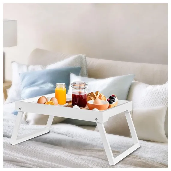 Folding table - Multifunctional folding table for home - Folding bamboo bedside table - Can be used as a dining table, TV table, laptop table, snack table, sofa table or work table - White
