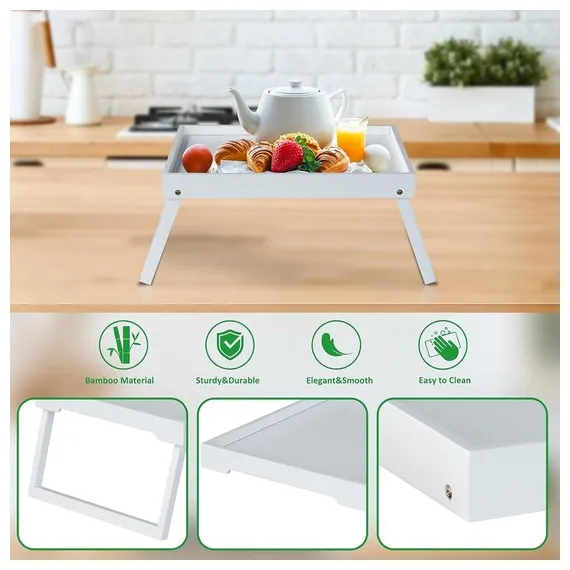 Folding table - Multifunctional folding table for home - Folding bamboo bedside table - Can be used as a dining table, TV table, laptop table, snack table, sofa table or work table - White