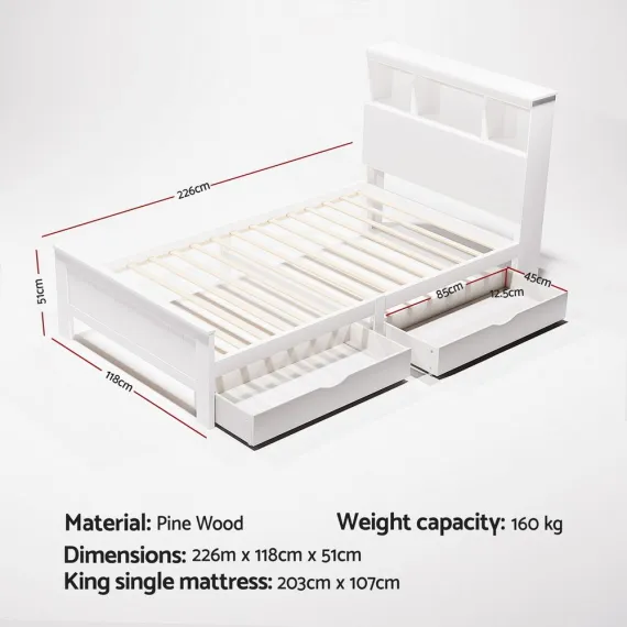 Artiss Bed Frame King Single Size Wooden with 2 Storage Drawers White