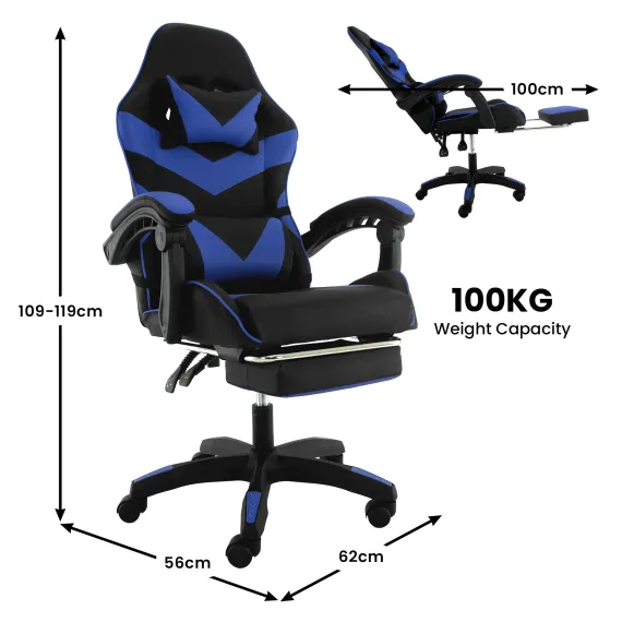 Sarantino Cueva Reclining High Back Office Gaming Chair Seat Retractable Footrest Office Computer Black & Blue