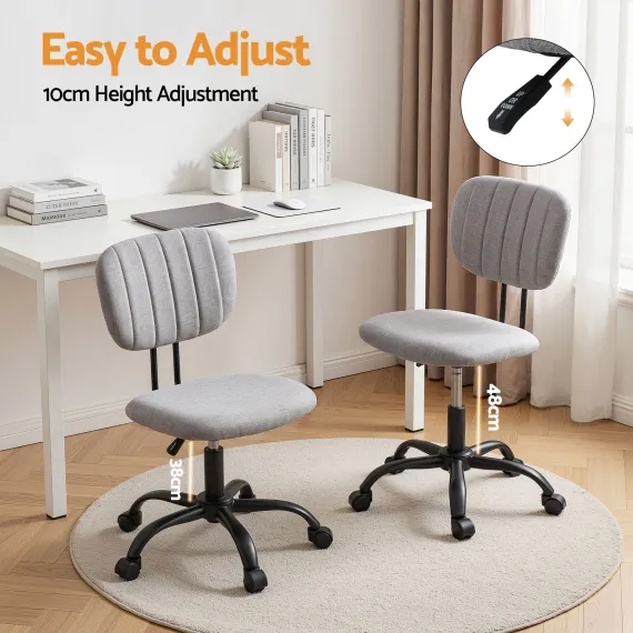 Artiss Armless Office Chair with Wheels, Ergonomic 360° Swivel Home Office Desk Chair, Height Adjustable Computer Task Chair with Fabric Back and Seat for Small Space, Grey