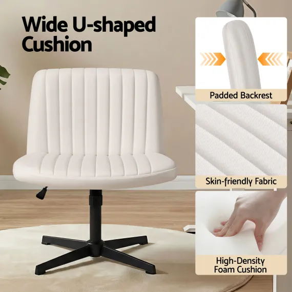 Artiss Criss Cross Chair No Wheels Fabric Wide Cross Legged Office Desk Vanity Chair Armless, Height Adjustable, Swivel Home Office Chair for Home Computer Task, Beige