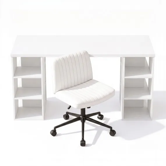 Artiss Office Desk & Chair Set 150cm Computer Desk with 6 Storage Shelves & Ergonomic Cross Legged Chair Armless Cross PU Leather Office Chair with Wheels