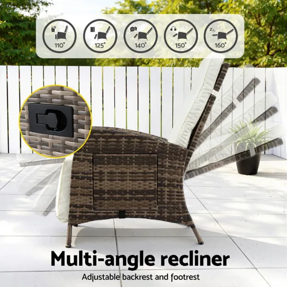 Gardeon Outdoor Recliner Chairs Sun lounge Wicker Lounger Patio Furniture Adjustable Brown