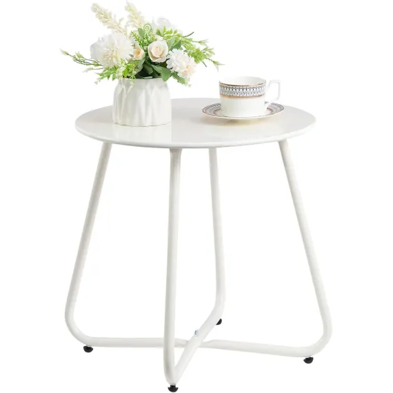 Metal Outdoor Side Table – Round Patio Table, Rust-Resistant Small End Coffee Table for Balcony, Garden, Porch, Living Room & Bedroom – Portable Accent Table for Indoor Outdoor Use, White