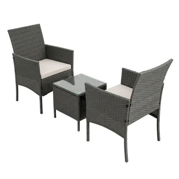 Gardeon 3PC Outdoor Bistro Set Patio Furniture Wicker Setting Chairs Table Cushion Grey