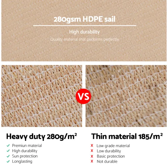 Instahut Shade Sail 2x4m Rectangle 280GSM 98% Sand Shade Cloth