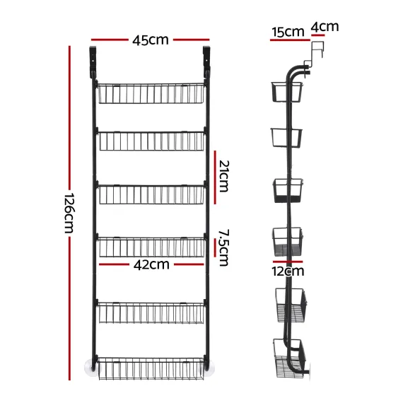 Artiss Over Door Storage Hanger Pantry 6-Tier Metal Hook Hanging Organiser Black