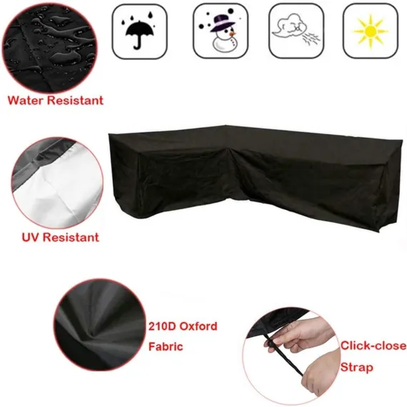 L-shaped garden bench cover - Garden furniture cover - L-shaped garden furniture protective cover with drawstrings at the bottom - Protective cover for L-shaped lounge set - Weatherproof - 210D L-shaped garden furniture tarpaulin - Black - 286 × 222 × 82c