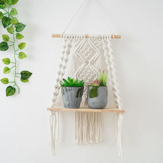Wall Hanging Shelf - Tier Wall Shelves with Handmade Woven Rope - Boho Shelves Organizer Hanger for Kitchen, Bathroom, Home Storage, Floating Indoor Plant Wall Shelf (white)