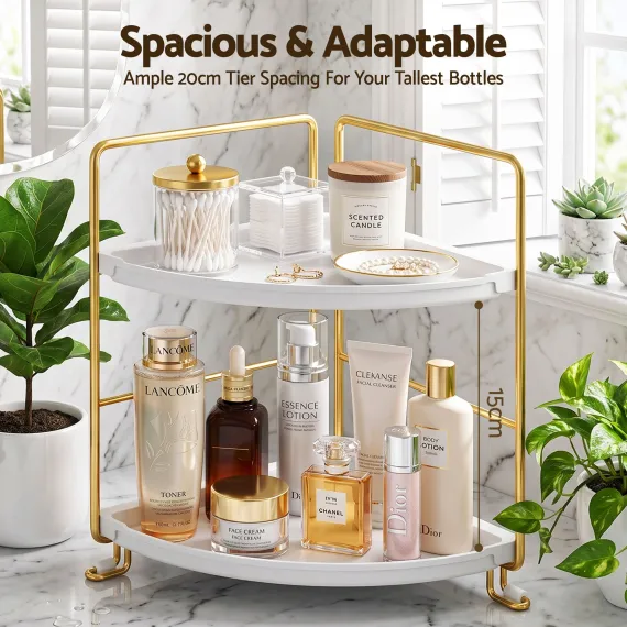 Artiss Bathroom Corner Shelf Countertop Organiser Vanity Storage Rack White Gold
