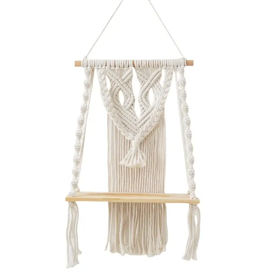 Wall Hanging Shelf - Tier Wall Shelves with Handmade Woven Rope - Boho Shelves Organizer Hanger for Kitchen, Bathroom, Home Storage, Floating Indoor Plant Wall Shelf (white)