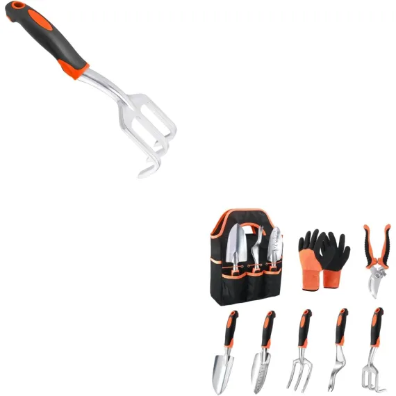 Hand Rake Garden Tool, Heavy Duty Hand Cultivators for Gardening + Garden Tools Set, 8 Piece Gardening Tools Set