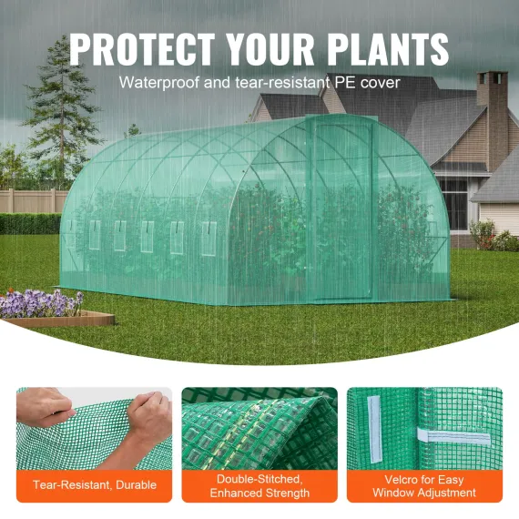Walk-in Tunnel Greenhouse, 19.4x9.7x7.4 ft Hoop House Greenhouse Tunnel, Plant Hot House with Galvanized Steel Frame, Green PE Cover, Swing Door and 12 Roll-up Windows for Outdoor