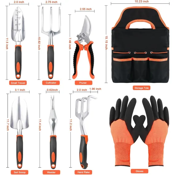 Garden Tools Set, 8 Piece Gardening Tools Set with Non Slip Ergonomic Handle, Heavy Duty Garden Tool Set with Storage Bag, Gardening Kit for Women, Garden Hand Tools Gift for Women and Men, Orange