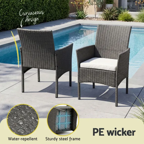 Gardeon 3PC Outdoor Bistro Set Patio Furniture Wicker Setting Chairs Table Cushion Grey