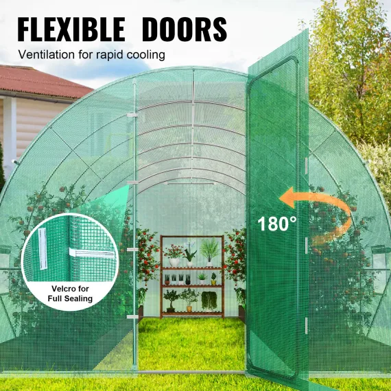 Walk-in Tunnel Greenhouse, 19.4x9.7x7.4 ft Hoop House Greenhouse Tunnel, Plant Hot House with Galvanized Steel Frame, Green PE Cover, Swing Door and 12 Roll-up Windows for Outdoor