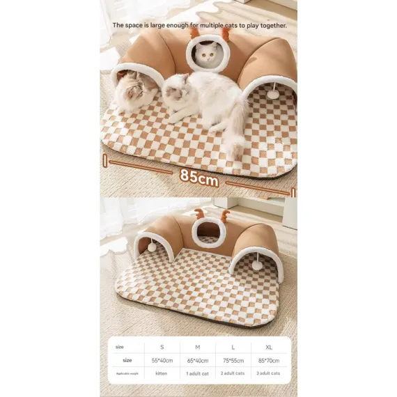 Brown  M size Cat Tunnel Bed House 4-Season Universal Removable Washable U-Shaped Cat Cave with Multi-Entrance, Plush Hideaway Pet Nest with Detachable Mat for Indoor Cats, Non-Slip Bottom, Multi-Cat Friendly