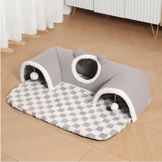 Grey M size Cat Tunnel Bed House 4-Season Universal Removable Washable U-Shaped Cat Cave with Multi-Entrance, Plush Hideaway Pet Nest with Detachable Mat for Indoor Cats, Non-Slip Bottom, Multi-Cat Friendly