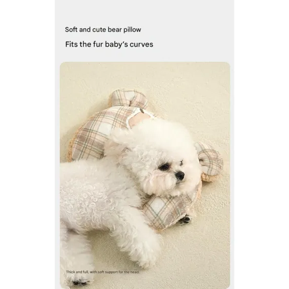 L size 2-Piece Plaid Puppy Pet Blanket and Pillow Set - Soft Cotton Plush Sleeping Mat for Dogs and Cats, All-Season Reversible Cushion Bed with Cute Bear Pillow, Machine Washable Pet Bed Accessories