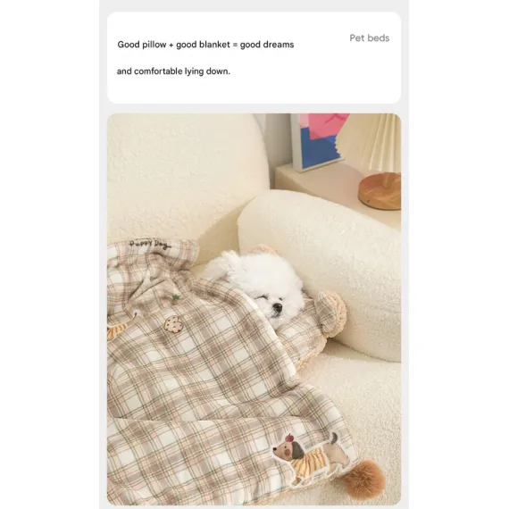 S size 2-Piece Plaid Puppy Pet Blanket and Pillow Set - Soft Cotton Plush Sleeping Mat for Dogs and Cats, All-Season Reversible Cushion Bed with Cute Bear Pillow, Machine Washable Pet Bed Accessories