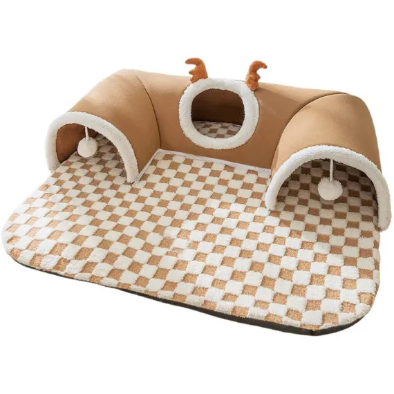 Brown  M size Cat Tunnel Bed House 4-Season Universal Removable Washable U-Shaped Cat Cave with Multi-Entrance, Plush Hideaway Pet Nest with Detachable Mat for Indoor Cats, Non-Slip Bottom, Multi-Cat Friendly