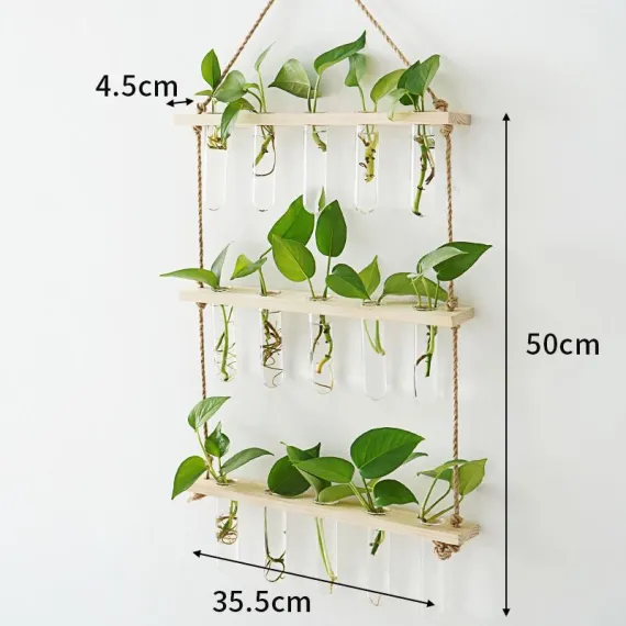 3 Tiered Wall Hanging Plant Terrarium with Wooden Stand Flower Vase Glass Planter for Hydroponic Plant Cutting Home Garden