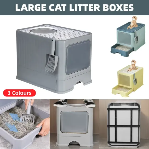 Large Fully Enclosed Cat Litter Box Cat Toilet Pet Litter Tray Odor Control - Yellow