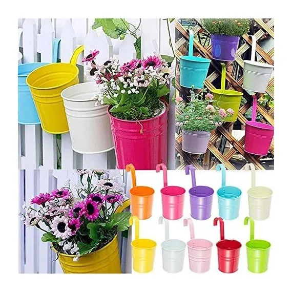 Flower Pots,10 Pcs Metal Iron Hanging Flower Plant Pots Balcony Garden Plant Planter Baskets Fence Bucket Pot 4'' Flower Holders with Detachable Hook