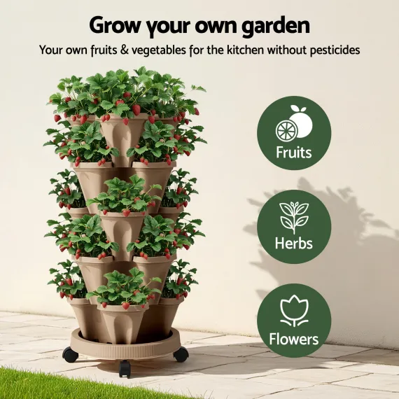 Green Fingers Garden Bed 5 Tier Vertical Garden Grey Strawberry Stackable Planters Herb Petunias Tan