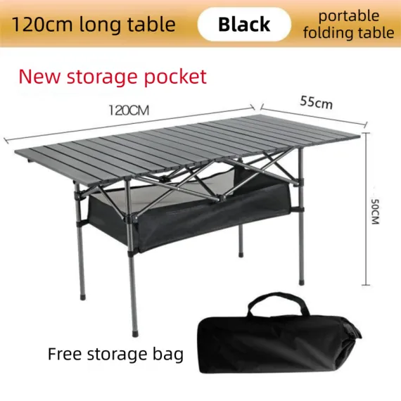 120CM Black Portable Folding Egg Roll Camping Table + 4-Pack 36CM Chairs with Storage Bag & Mesh Net- Heavy-Duty Carbon Steel Picnic Table for 6-8 People