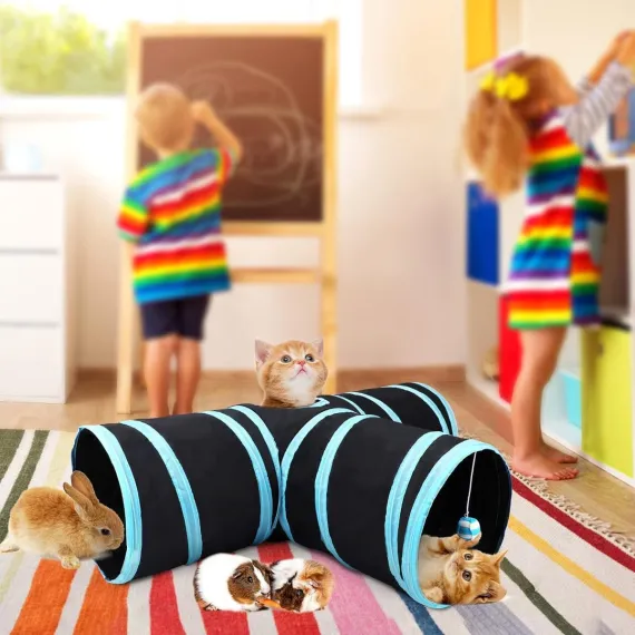 Cat Tunnel - 3 Passages - Play Tunnel for Animals - Cat Tunnel with Play Ball - Cat Tunnel - Cat House - Cat Play Tunnel - Rabbit Tunnel - Crawl Tunnel - Cat Toys - Blue