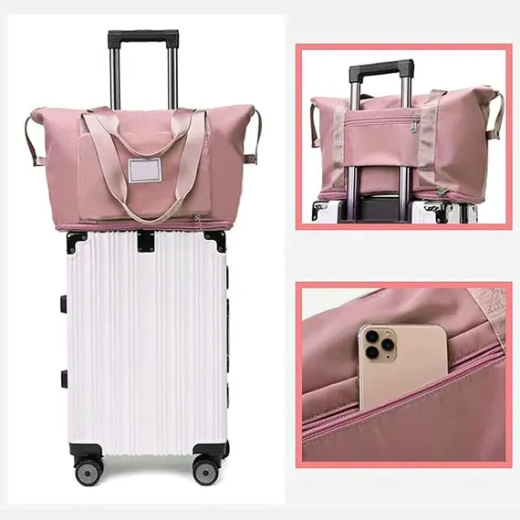 Foldable Travel Duffel Bag for Women, Large Capacity Folding Sports Gym Bag, Lightweight Waterproof Bag Holdall Tote Carry on Hand Luggage Overnight Weekender Bag Hospital Bag for Men Women (Pink)
