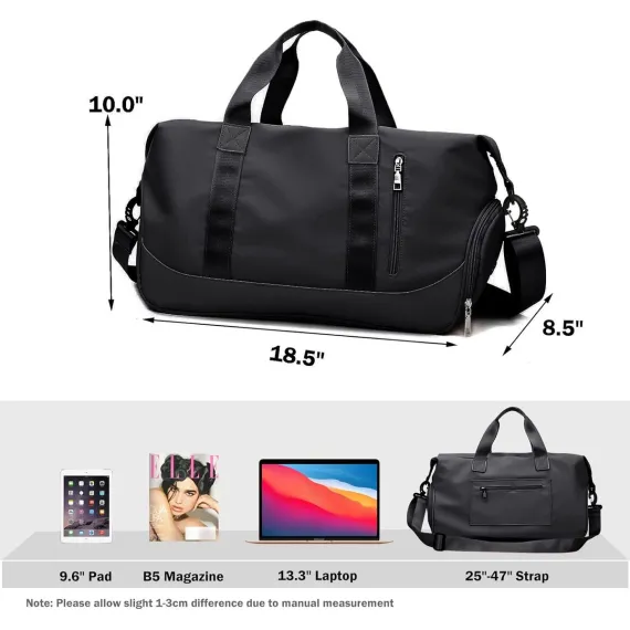 Travel Bag - Gym Bag - Hand Luggage Travel Bag - 47 x 25 x 22 cm - Sports Bag - Shoulder Bag - Waterproof and durable - With shoe compartment - Wet and dry - Suitable for men and women Swimming Sports Travel Gym Bag (black)