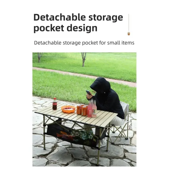 95CM Khaki Portable Folding Egg Roll Camping Table with Storage Bag & Mesh Net- Heavy-Duty Carbon Steel Picnic Table for 4-6 People