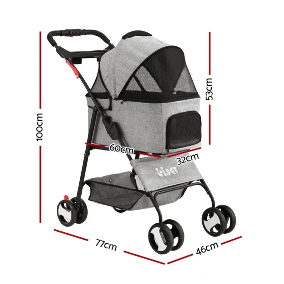 i.Pet Pet Stroller Dog Pram Cat Carrier Travel Large Pushchair Foldable 4 Wheels Grey