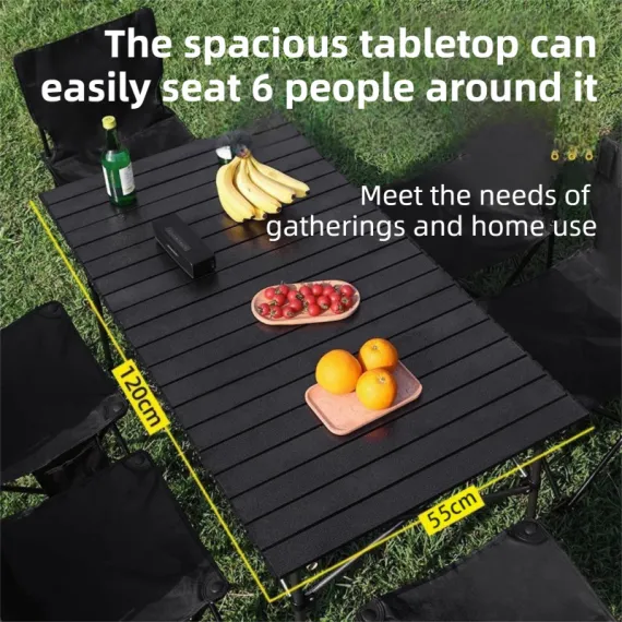95CM Black Portable Folding Egg Roll Camping Table with Storage Bag & Mesh Net- Heavy-Duty Carbon Steel Picnic Table for 4-6 People