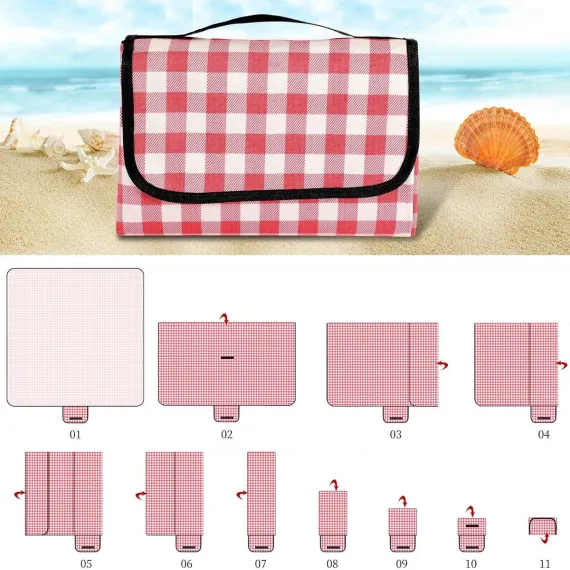 Picnic Blanket, Waterproof, Beach Blanket, Picnic Mat, Lightweight with Handle, Red Checked, Traveling, Outdoor Camping, Park