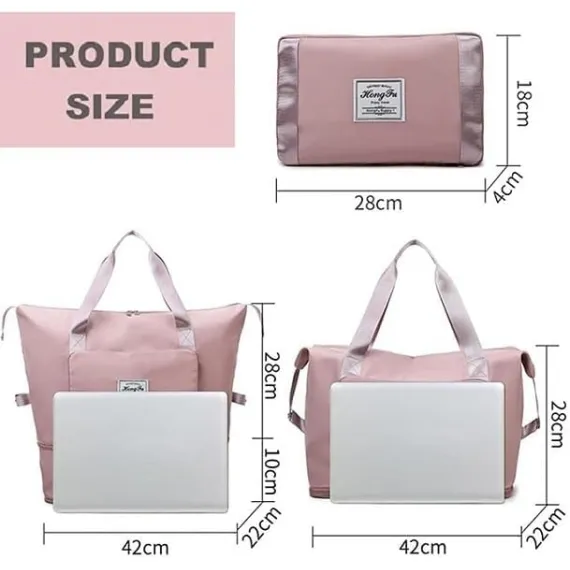 Foldable Travel Duffel Bag for Women, Large Capacity Folding Sports Gym Bag, Lightweight Waterproof Bag Holdall Tote Carry on Hand Luggage Overnight Weekender Bag Hospital Bag for Men Women (Pink)