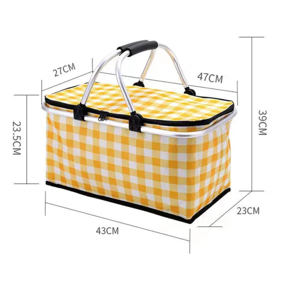 Collapsible Outdoor Camping Portable Insulated Picnic Basket Camping Picnic Ice Pack(Yellow Grid)