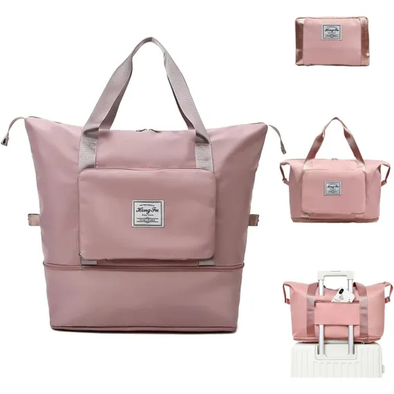 Foldable Travel Duffel Bag for Women, Large Capacity Folding Sports Gym Bag, Lightweight Waterproof Bag Holdall Tote Carry on Hand Luggage Overnight Weekender Bag Hospital Bag for Men Women (Pink)