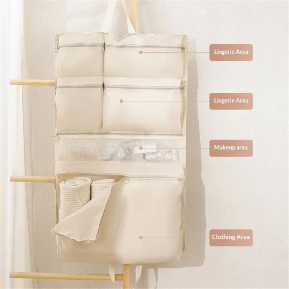 Hanging Packing Cube, Foldable Travel Organizer, Waterproof, Machine Washable, Fits Carry-on, Expandable Packing Cube for Suitcase or Backpack (Beige 6 grids)