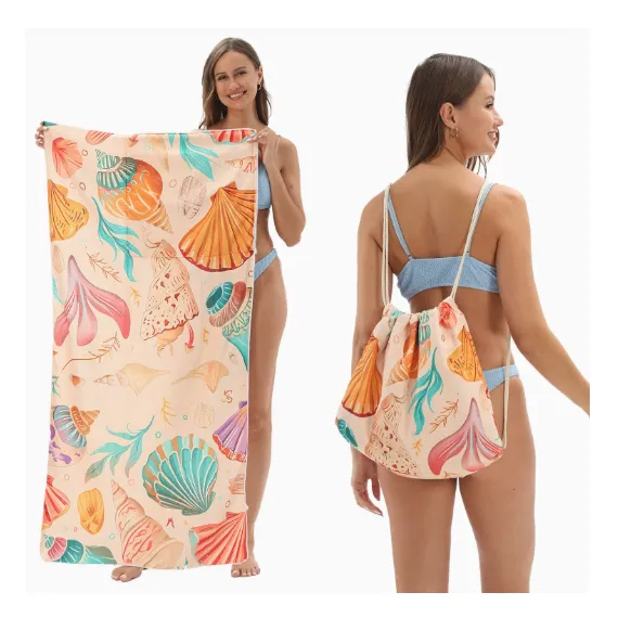 2-in-1 Foldable Beach Towel Backpack – Printed Bath Towel with Built-in Storage, Convertible Beach Mat & Carry Bag, Absorbent for Pool, Camping, Yoga and Travel