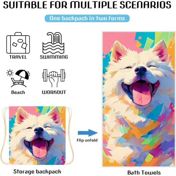 Beach Towel - 2-in-1 Foldable Beach Towel Backpack - Printed Bath Towel - Convertible Beach Mat & Carry Bag - Perfect Companion for Camping, Yoga & Travel（Pup）