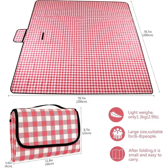 Picnic Blanket, Waterproof, Beach Blanket, Picnic Mat, Lightweight with Handle, Red Checked, Traveling, Outdoor Camping, Park