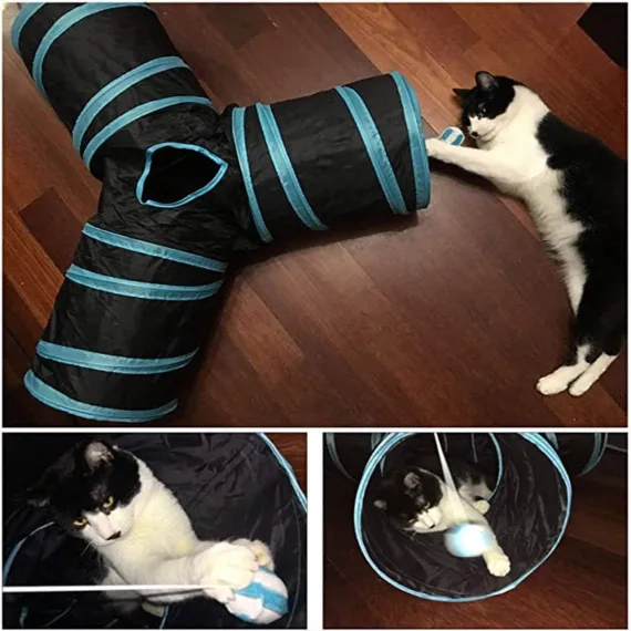 Cat Tunnel - 3 Passages - Play Tunnel for Animals - Cat Tunnel with Play Ball - Cat Tunnel - Cat House - Cat Play Tunnel - Rabbit Tunnel - Crawl Tunnel - Cat Toys - Blue